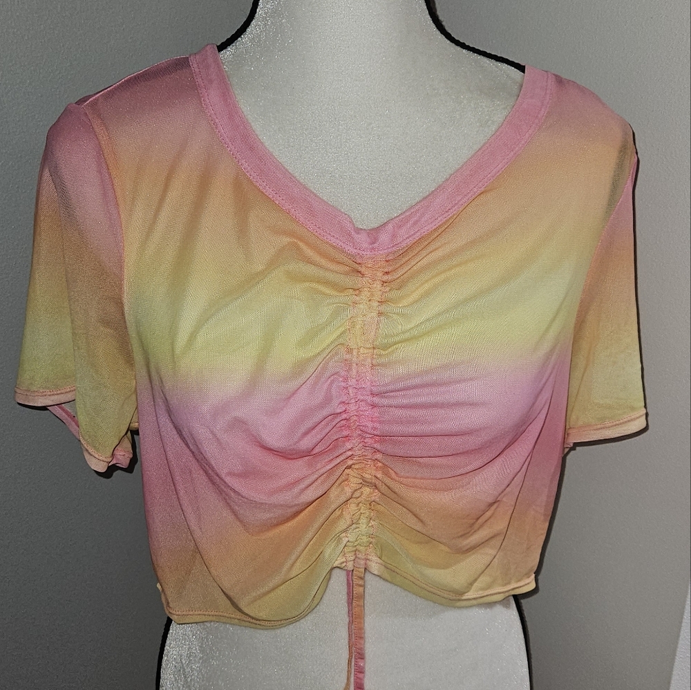 Gradient Pink and Yellow Ruched Crop Top